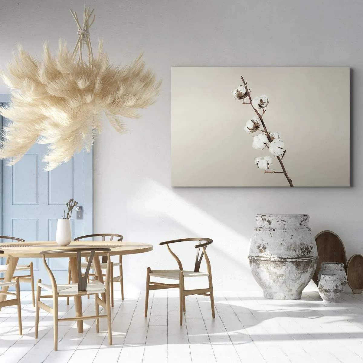 Tablou pe pânză Canvas - O crenguță de bumbac pe un fundal bej - 70x50cm - La sursa moliciunii - Decorațiune modernă pentru perete pentru living și dormitor ARTTOR