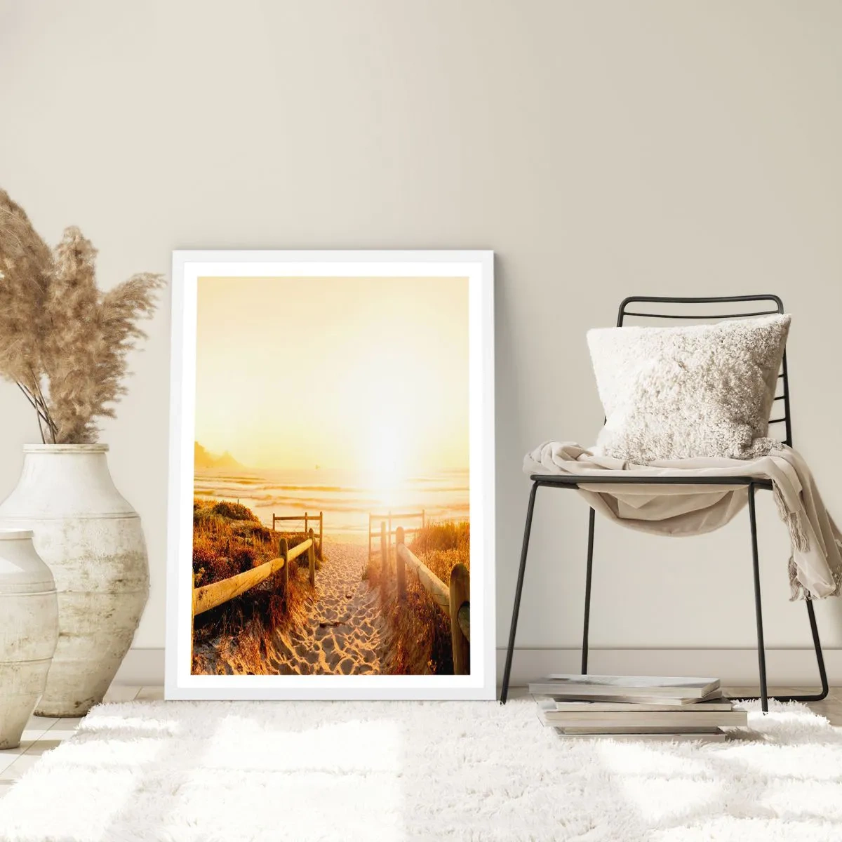 Poster în ramă albă - Prin dune spre soare - 70x100 cm