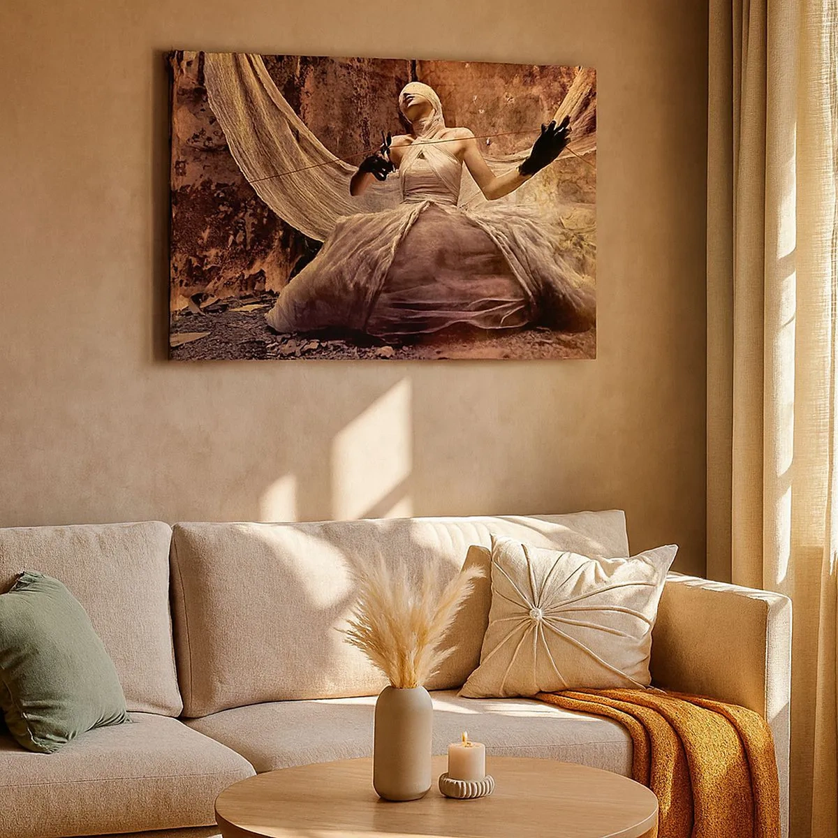 Tablou pe pânză Canvas - O femeie într-o rochie cu fața acoperită și foarfece în mâini - 70x50cm - Zeița destinului - Decorațiune modernă pentru perete pentru living și dormitor ARTTOR