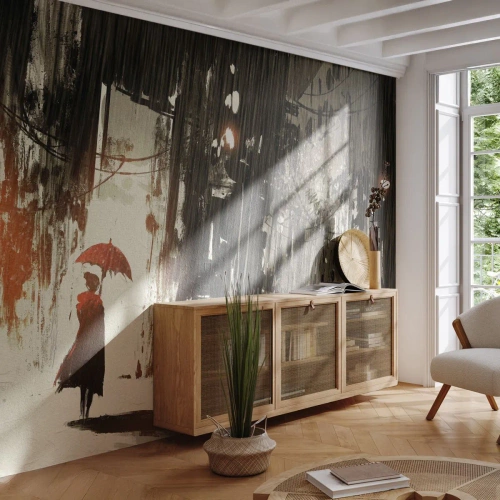 Tapet Premium Sand - Poezia umbrelei roșii - Oraș, Femeie, Arhitectură - 200x140 cm