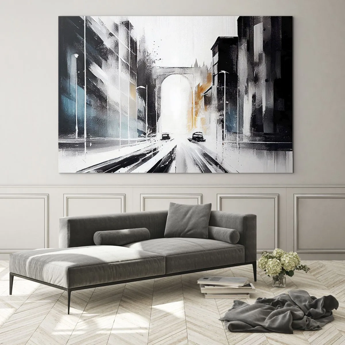 Tablou pe sticlă - stradă dinamică a orașului, cu mașini și un arc în fundal, într-un stil pictural. - 70x50cm - Studiu de oraș: arhitectură și mișcare - Decorațiune modernă pentru perete pentru living și dormitor ARTTOR