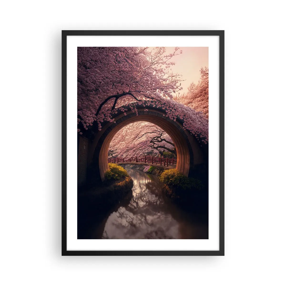 Poster în ramă neagră - Un pod romantic printre flori de cireș - 50x70cm - Primăvara japoneză - Decorațiune modernă pentru perete pentru living și dormitor ARTTOR