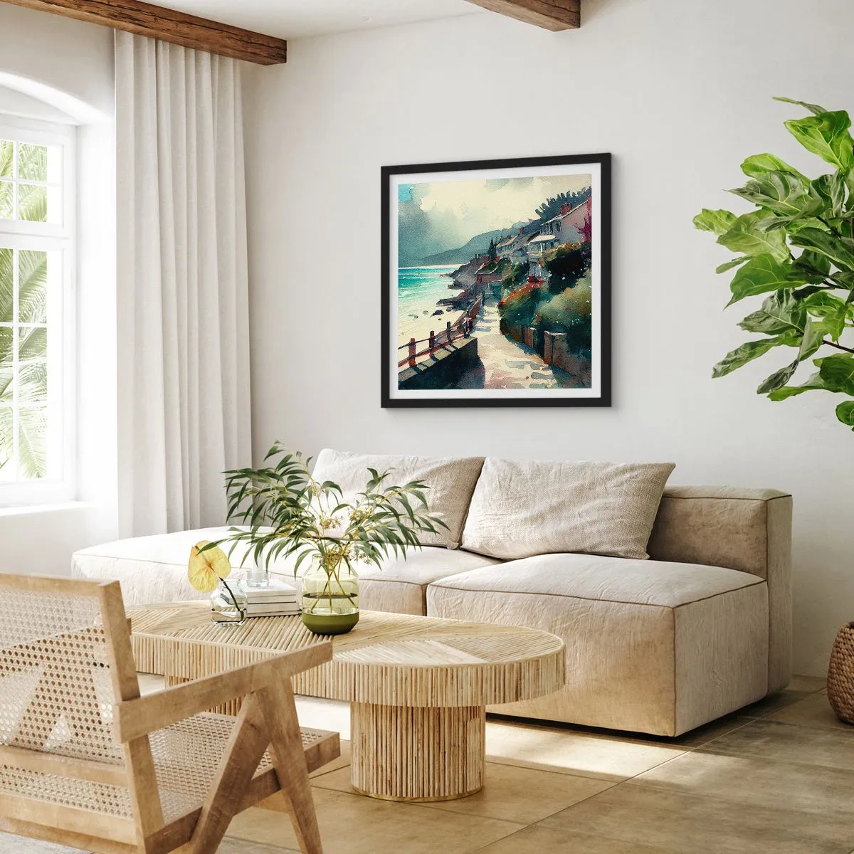 Poster în ramă neagră - Orășel mediteraneean - 30x30 cm
