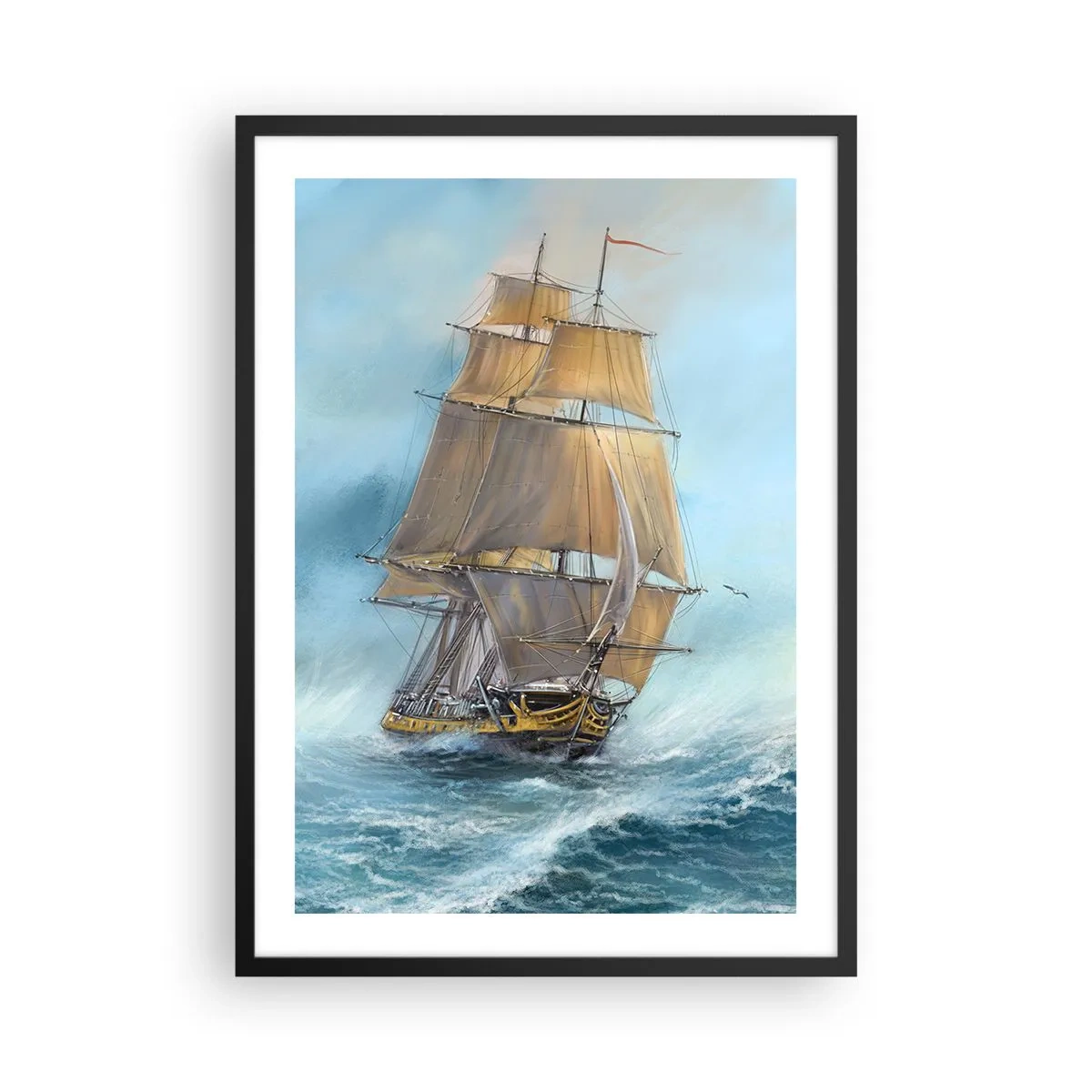Poster în ramă neagră - O corabie cu pânze navigând printr-o mare furtunoasă într-un stil realist - 50x70cm - Rulează pe valuri - Decorațiune modernă pentru perete pentru living și dormitor ARTTOR