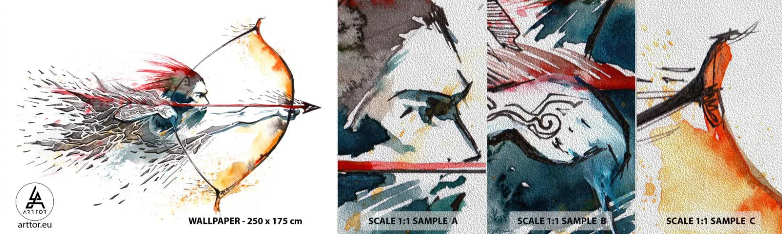 Mostră tapet Premium Sand - Războinic mitic cu un arc de foc - Abstracția, Pistolar, Lovitură cu arcul - 100x30 cm