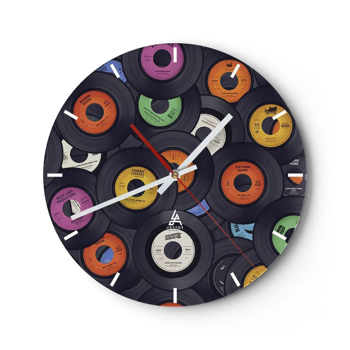 Ceas de perete - Ceas pe sticlă - Discuri de vinil colorate într-un aranjament artistic - 30x30cm - Culorile clasicilor - Decorațiune modernă pentru perete pentru living, bucătărie și dormitor ARTTOR