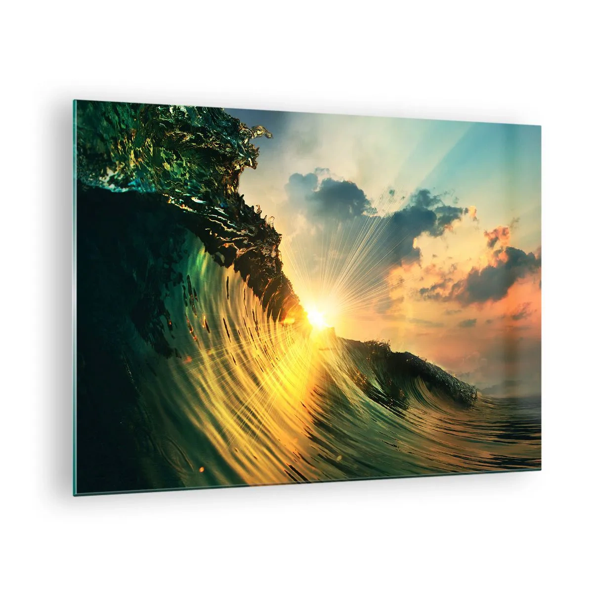 Tablou pe sticlă - Soarele care apune luminând valurile oceanului - 70x50cm - Surferule, unde ești? - Decorațiune modernă pentru perete pentru living și dormitor ARTTOR