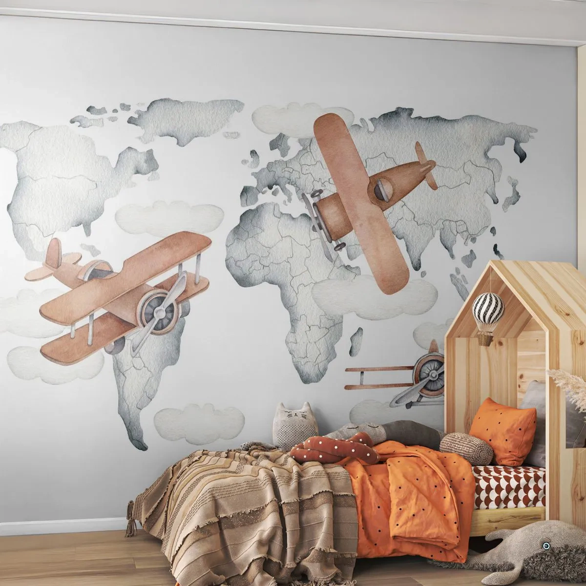 Tapet Standard Eco - În spirit de pionierat - Harta lumii, Avioane, Pentru copii - 350x256 cm