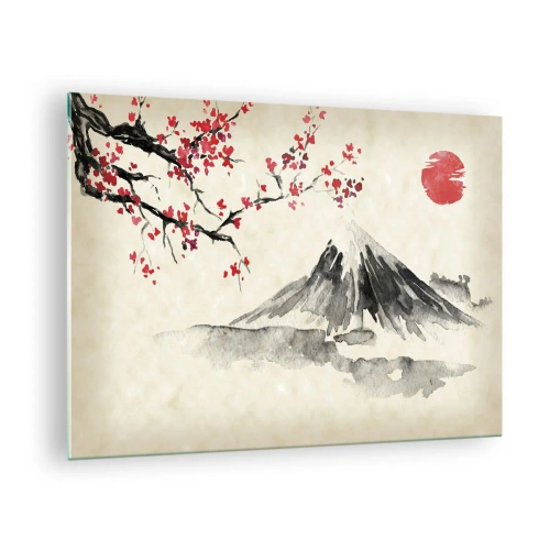 Tablou pe sticlă - Pictură japoneză în acuarelă a unui munte și a unei ramuri înflorite - 70x50cm - Îndrăgostește-te de Japonia - Decorațiune modernă pentru perete pentru living și dormitor ARTTOR