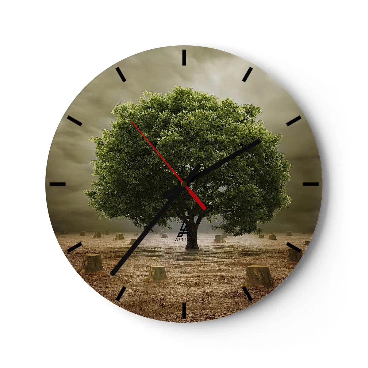 Ceas de perete - Ceas pe sticlă - Un copac înconjurat de cioturi pe un cer furtunos - 30x30cm - Toate speranțele - Decorațiune modernă pentru perete pentru living, bucătărie și dormitor ARTTOR