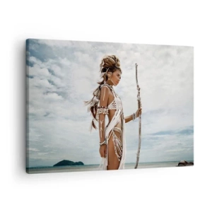Tablou pe pânză Canvas - Femeie stilizată pe plajă cu ornamente etnice și un băț - 70x50cm - Regina tropicelor - Decorațiune modernă pentru perete pentru living și dormitor ARTTOR