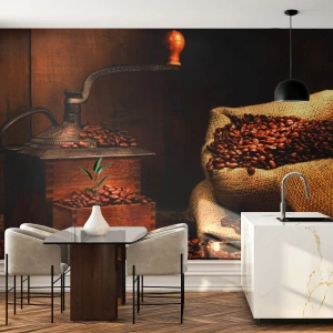Fototapetă personalizată Standard Eco - Natură moartă cu boabe de cafea și măcinător - Gastronomie, Cafea, Râșniță de cafea