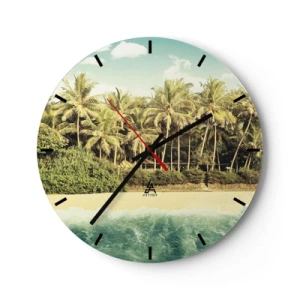 Ceas de perete - Ceas pe sticlă - O plajă cu palmieri și o mare turcoaz în fundal - 30x30cm - Ce zici de aici? - Decorațiune modernă pentru perete pentru living, bucătărie și dormitor ARTTOR