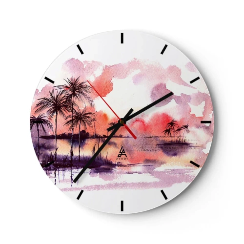 Ceas de perete - Ceas pe sticlă - Peisaj în acuarelă cu palmieri la apus - 30x30cm - Liniștea tropicelor în roșu - Decorațiune modernă pentru perete pentru living, bucătărie și dormitor ARTTOR
