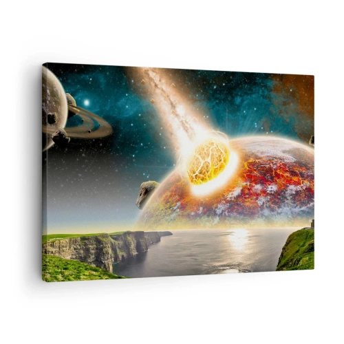 Tablou pe pânză Canvas - Un meteorit se ciocnește cu o planetă într-un peisaj cosmic. - 70x50cm - Drama spațială - Decorațiune modernă pentru perete pentru living și dormitor ARTTOR