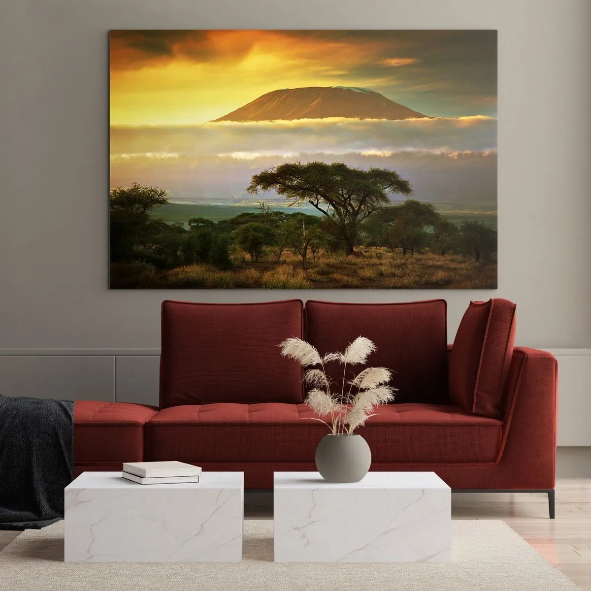 Tablou pe sticlă - Muntele Kilimanjaro înconjurat de nori pe fundalul savanei africane - 70x50cm - Visul unui călător - Decorațiune modernă pentru perete pentru living și dormitor ARTTOR