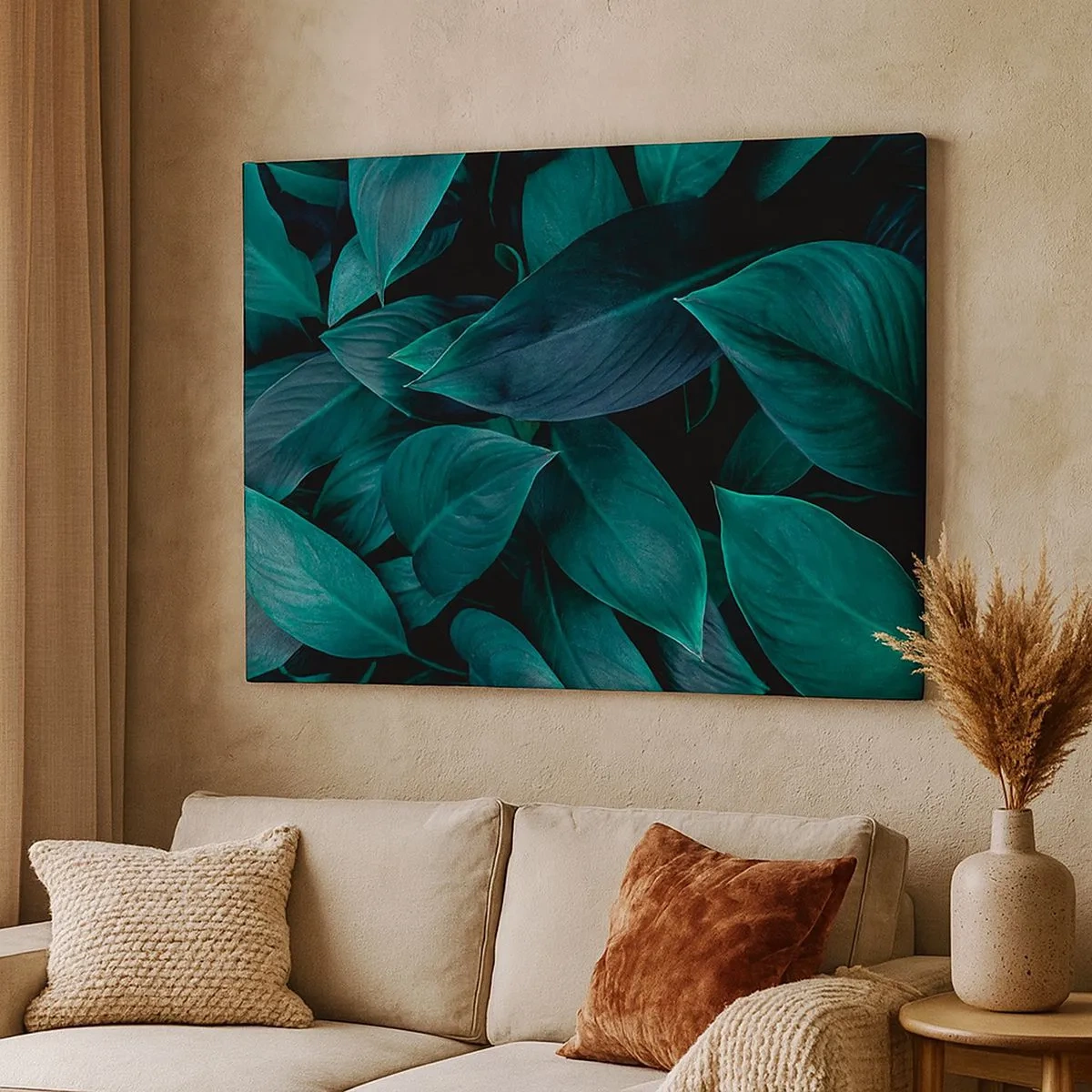 Tablou pe pânză Canvas - Prim-plan cu frunze verzi pe fundal întunecat - 70x50cm - Verdeața în sine - Decorațiune modernă pentru perete pentru living și dormitor ARTTOR