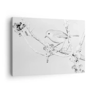 Tablou pe pânză Canvas - Pasăre pe o creangă în alb și negru, cu un stil minimalist - 70x50cm - Dimineață de iarnă - Decorațiune modernă pentru perete pentru living și dormitor ARTTOR