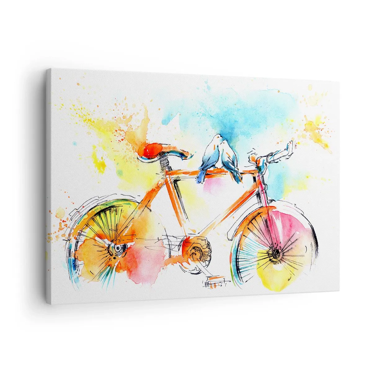 Tablou pe pânză Canvas - Pictură în acuarelă colorată a unei biciclete cu păsări așezate pe ea - 70x50cm - Doi pe o bicicletă - Decorațiune modernă pentru perete pentru living și dormitor ARTTOR