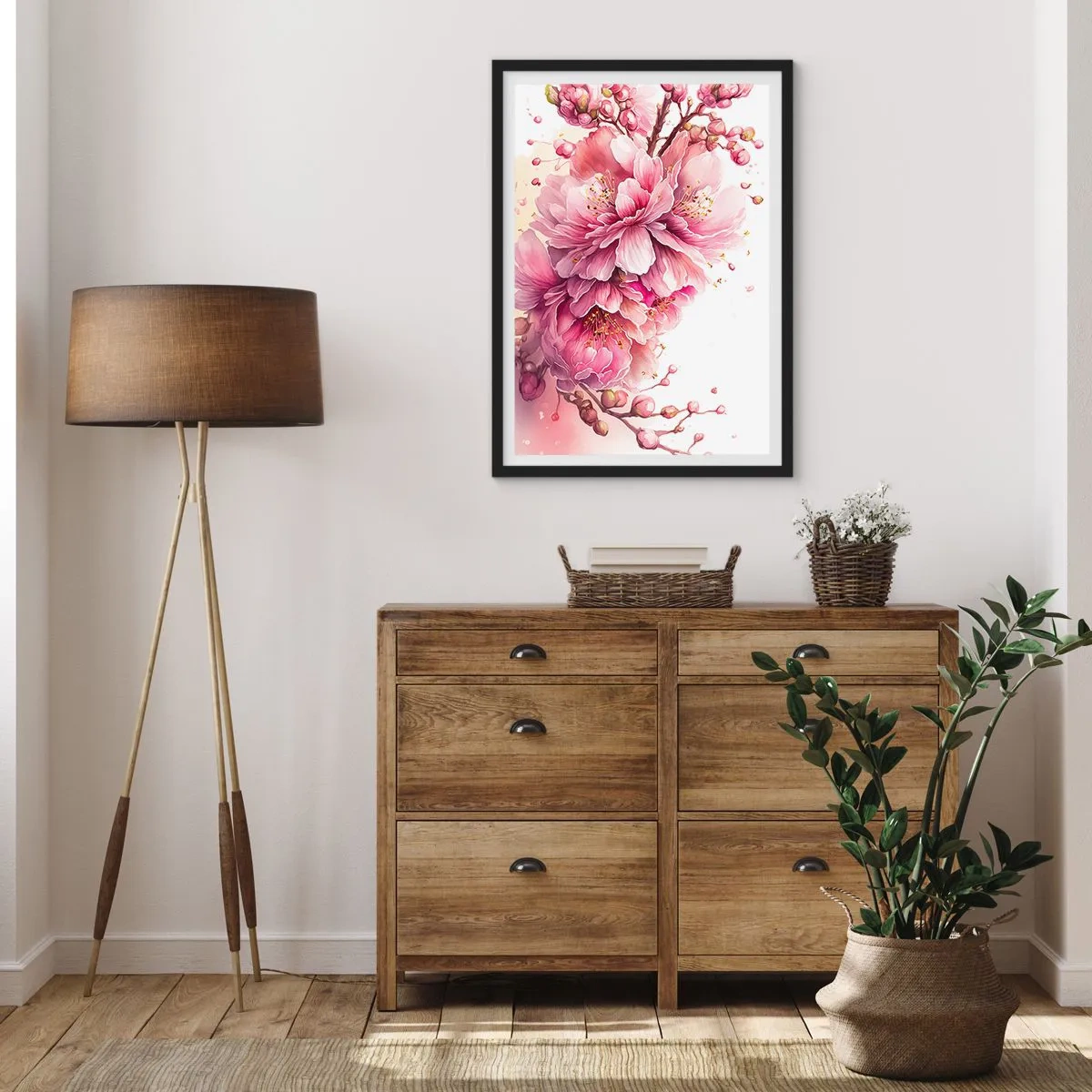Poster în ramă neagră - Flori de cireș roz delicate în plină floare pe un fundal luminos - 50x70cm - Flori de cireș - Decorațiune modernă pentru perete pentru living și dormitor ARTTOR