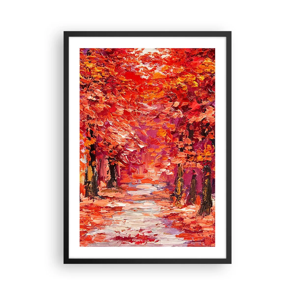 Poster în ramă neagră - O alee pitorească de toamnă în nuanțe roșii - 50x70cm - Impresie de toamnă - Decorațiune modernă pentru perete pentru living și dormitor ARTTOR