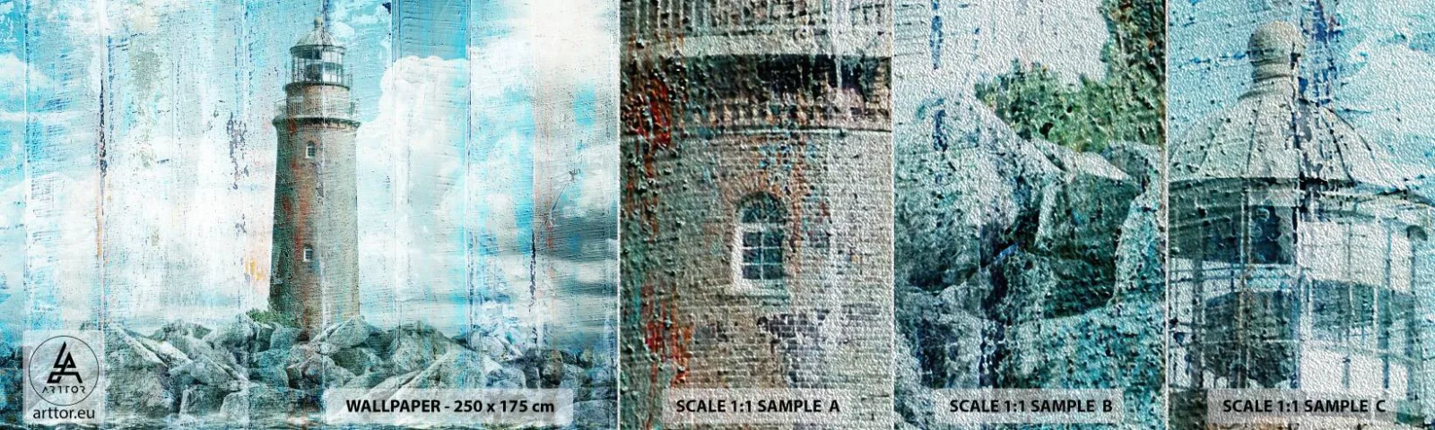 Mostră tapet Premium Sand - Pe lemn vechi - Abstracția, Far, Mare - 100x30 cm