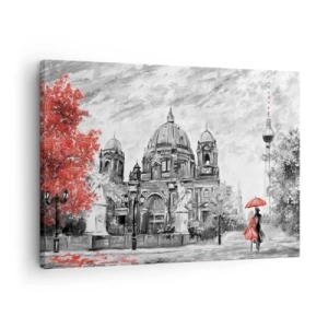 Tablou pe pânză Canvas - Scenă alb-negru cu Berlin, o umbrelă roșie și un copac - 70x50cm - Reuniune în Berlin - Decorațiune modernă pentru perete pentru living și dormitor ARTTOR