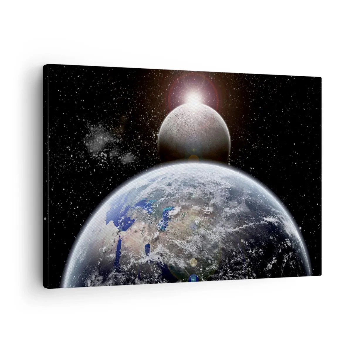 Tablou pe pânză Canvas - Planeta Pământ și Luna pe fundalul spațiului cosmic înstelat. - 70x50cm - Peisaj cosmic - răsărit de soare - Decorațiune modernă pentru perete pentru living și dormitor ARTTOR