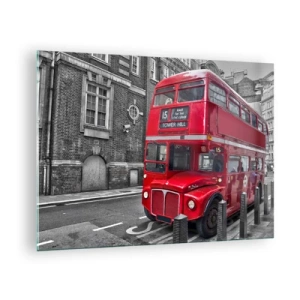 Tablou pe sticlă - Un autobuz roșu londonez pe un fundal de stradă alb-negru - 70x50cm - Întotdeauna la fel - Decorațiune modernă pentru perete pentru living și dormitor ARTTOR