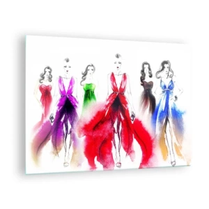 Tablou pe sticlă - Schiță cu femei în rochii de seară colorate - 70x50cm - Chef de ținute - Decorațiune modernă pentru perete pentru living și dormitor ARTTOR