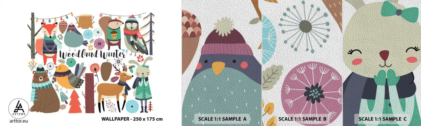 Mostră tapet Premium Sand - Un Crăciun de basm în pădure - Pentru copii, Iarnă În Pădure, Animale - 100x30 cm