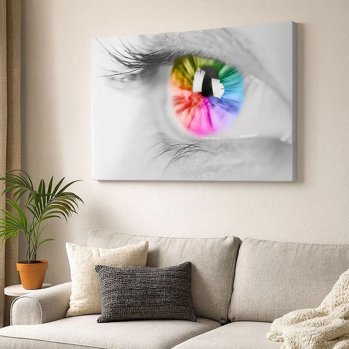 Tablou pe pânză Canvas - Fotografie artistică a unui ochi cu iris curcubeu pe un fundal gri - 70x50cm - Priviți lumea în culori - Decorațiune modernă pentru perete pentru living și dormitor ARTTOR
