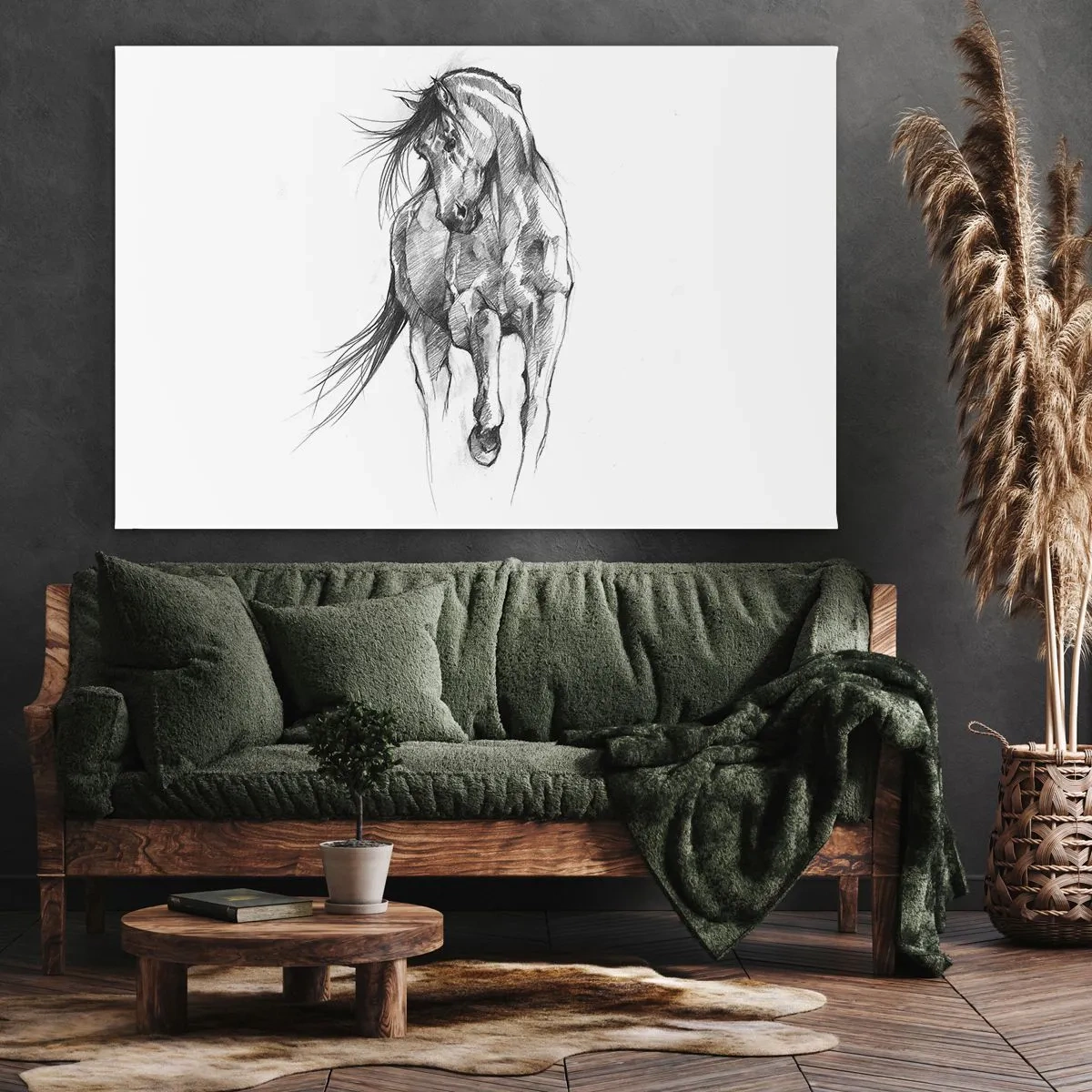 Tablou pe pânză Canvas - Schiță alb-negru a unui cal în galop - 70x50cm - Într-un trap grațios - Decorațiune modernă pentru perete pentru living și dormitor ARTTOR