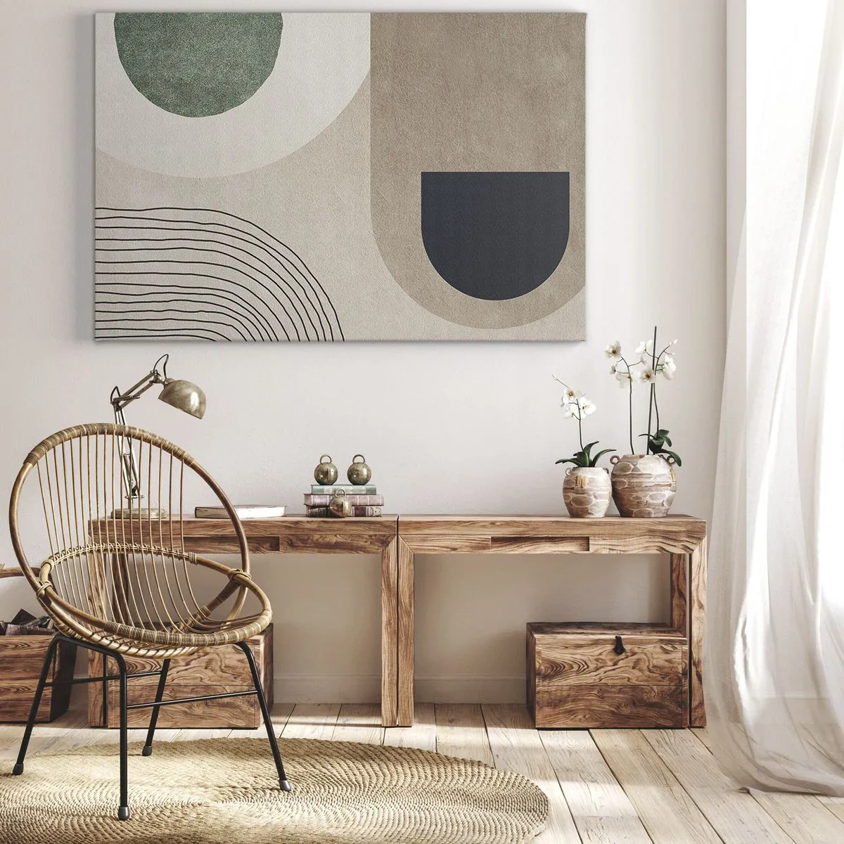 Tablou pe pânză Canvas - Forme geometrice în nuanțe de bej și verde - 70x50cm - Blândețea ovalului - Decorațiune modernă pentru perete pentru living și dormitor ARTTOR