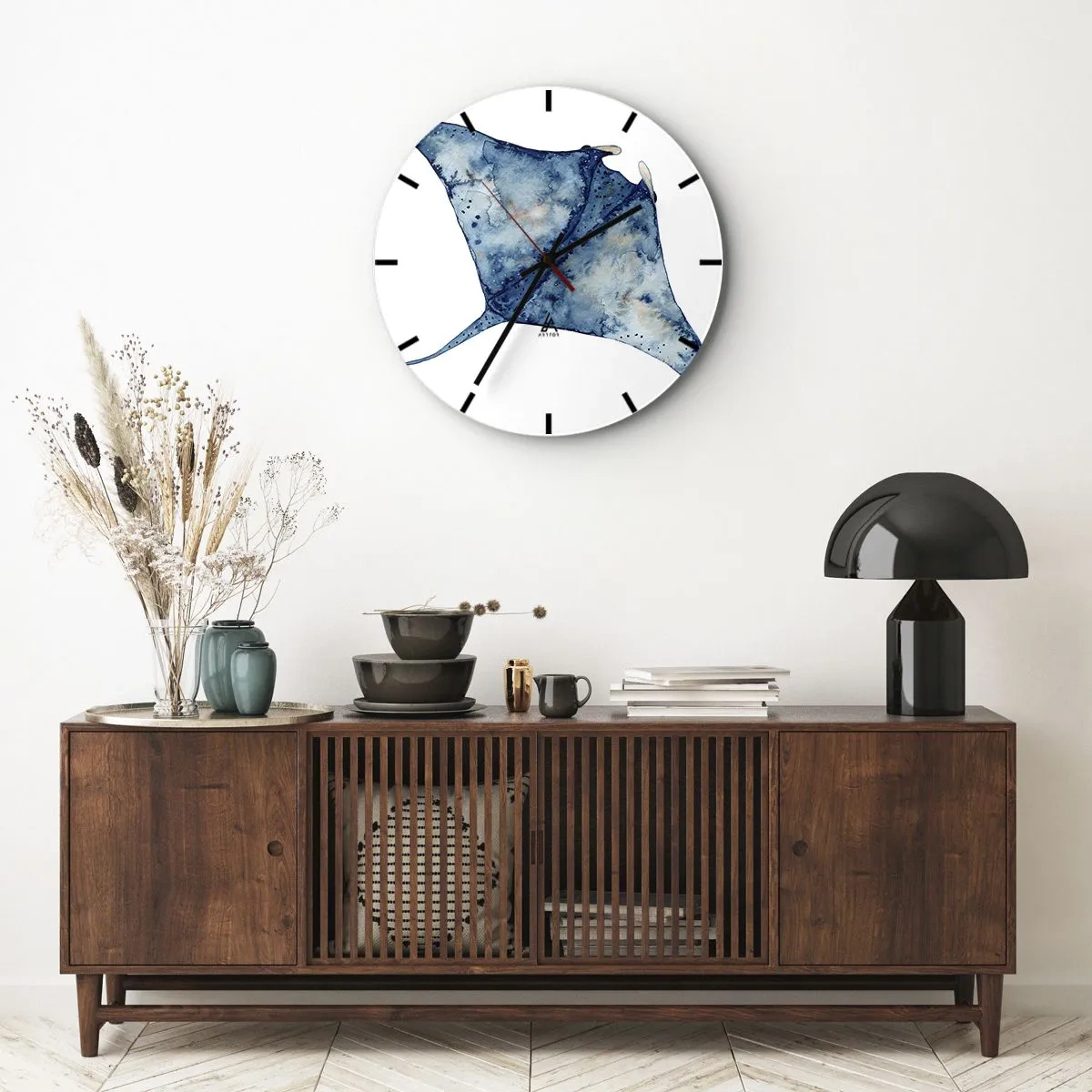 Ceas de perete - Ceas pe sticlă - Manta albastru-marin în stil acuarelă pe fundal alb - 30x30cm - Viața în albastru - Decorațiune modernă pentru perete pentru living, bucătărie și dormitor ARTTOR