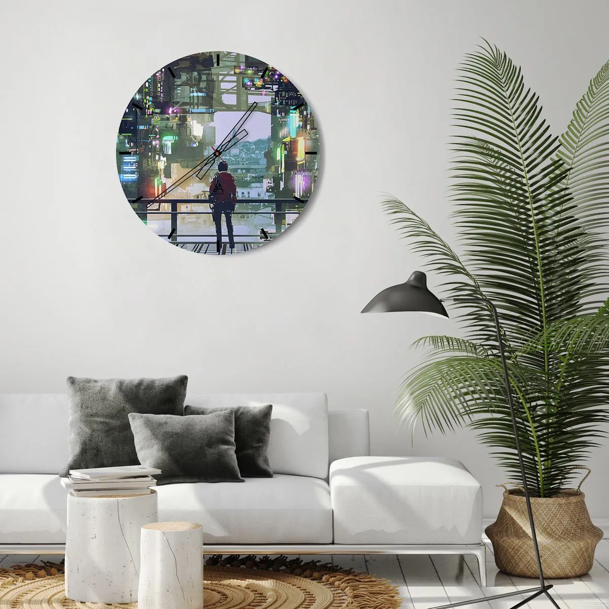 Ceas de perete - Ceas pe sticlă - O figură într-un oraș futurist cu lumini neon și o orizont în fundal - 30x30cm - Două lumi - Decorațiune modernă pentru perete pentru living, bucătărie și dormitor ARTTOR