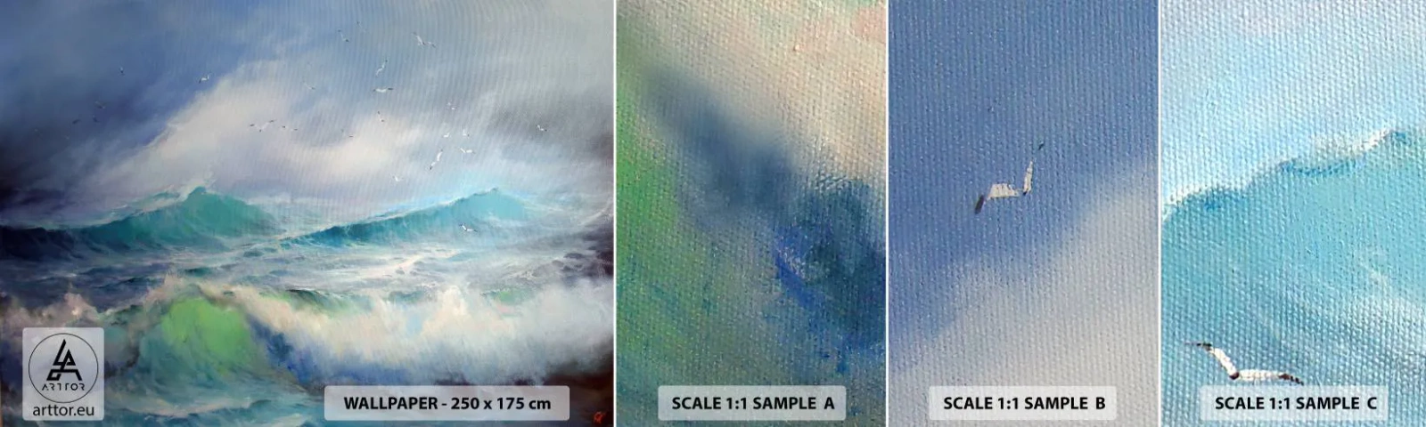 Mostră de Tapet Standard Eco - Vârtejul a gemut de triumf... - Furtună, Val înalt, Păsări - 100x30 cm