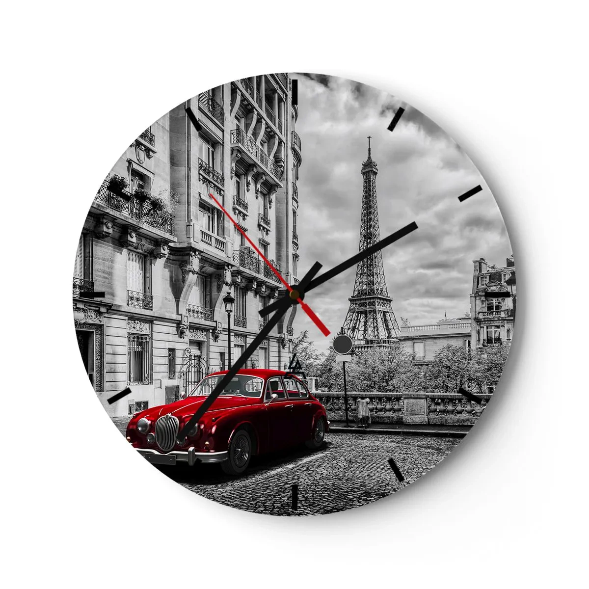 Ceas de perete - Ceas pe sticlă - Vedere alb-negru a Turnului Eiffel cu o mașină retro roșie - 30x30cm - Prădător în oraș - Decorațiune modernă pentru perete pentru living, bucătărie și dormitor ARTTOR