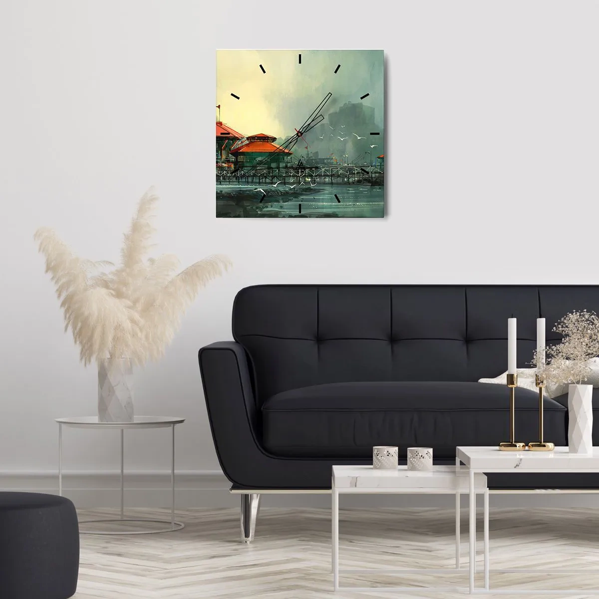 Ceas de perete - Ceas pe sticlă - O zi ploioasă în port - 40x40 cm