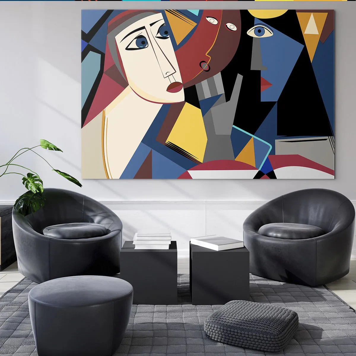 Tablou pe sticlă - Fețe cubiste în culori intense - 70x50cm - Discuția cubiștilor - Decorațiune modernă pentru perete pentru living și dormitor ARTTOR