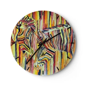 Ceas de perete - Ceas pe sticlă - O reprezentare abstractă a două zebre pe un fundal de dungi colorate. - 30x30cm - Deci și tu.. - Decorațiune modernă pentru perete pentru living, bucătărie și dormitor ARTTOR