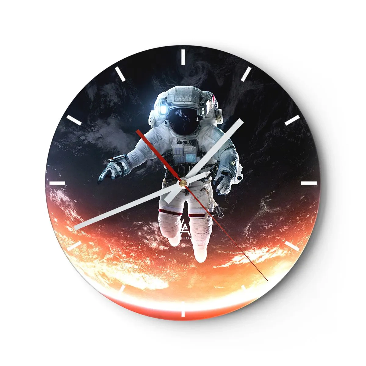 Ceas de perete - Ceas pe sticlă - Un astronaut plutind în spațiu cu o vedere asupra Pământului - 30x30cm - Pot să mai stau un pic? - Decorațiune modernă pentru perete pentru living, bucătărie și dormitor ARTTOR