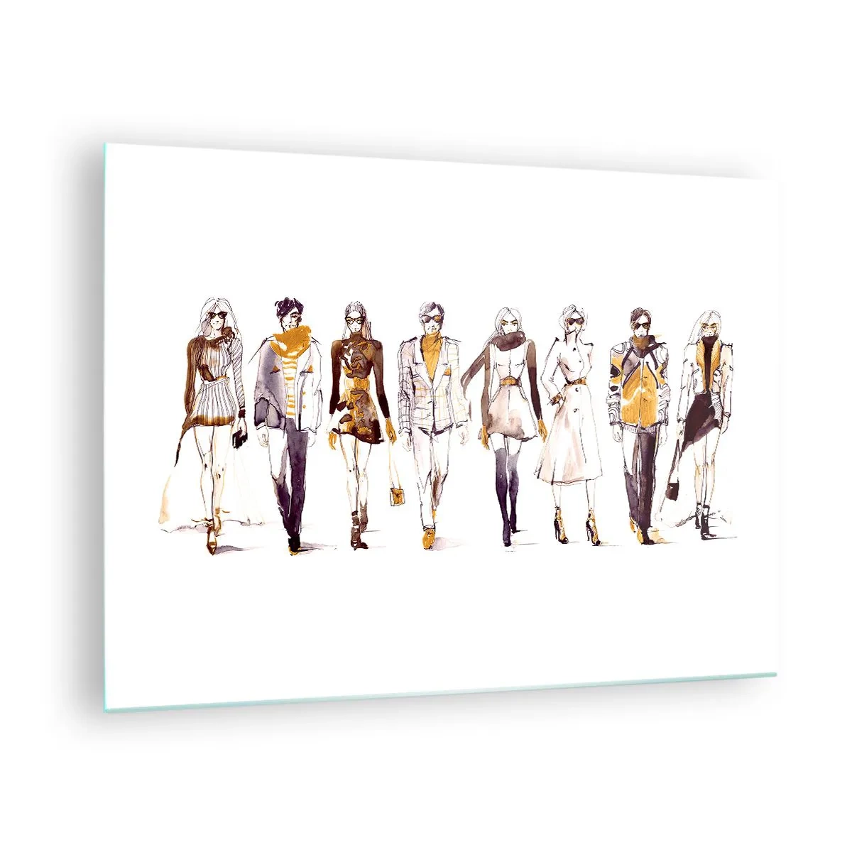 Tablou pe sticlă - Grup de personaje la modă în stil schiță pe fundal alb - 70x50cm - Chic discret, eleganță casuală - Decorațiune modernă pentru perete pentru living și dormitor ARTTOR