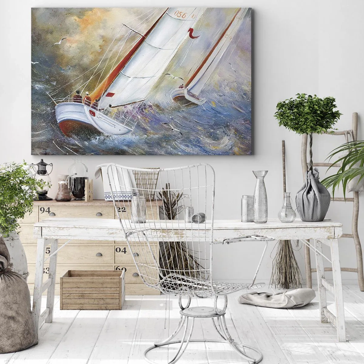 Tablou pe pânză Canvas - Bărci cu pânze pe valuri agitate într-o compoziție dinamică - 70x50cm - Alergătoare pe valuri - Decorațiune modernă pentru perete pentru living și dormitor ARTTOR