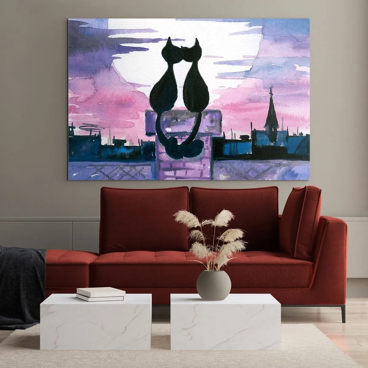 Tablou pe sticlă - Siluete a două pisici pe fundalul soarelui apus - 70x50cm - Rendez-vous sub lună - Decorațiune modernă pentru perete pentru living și dormitor ARTTOR