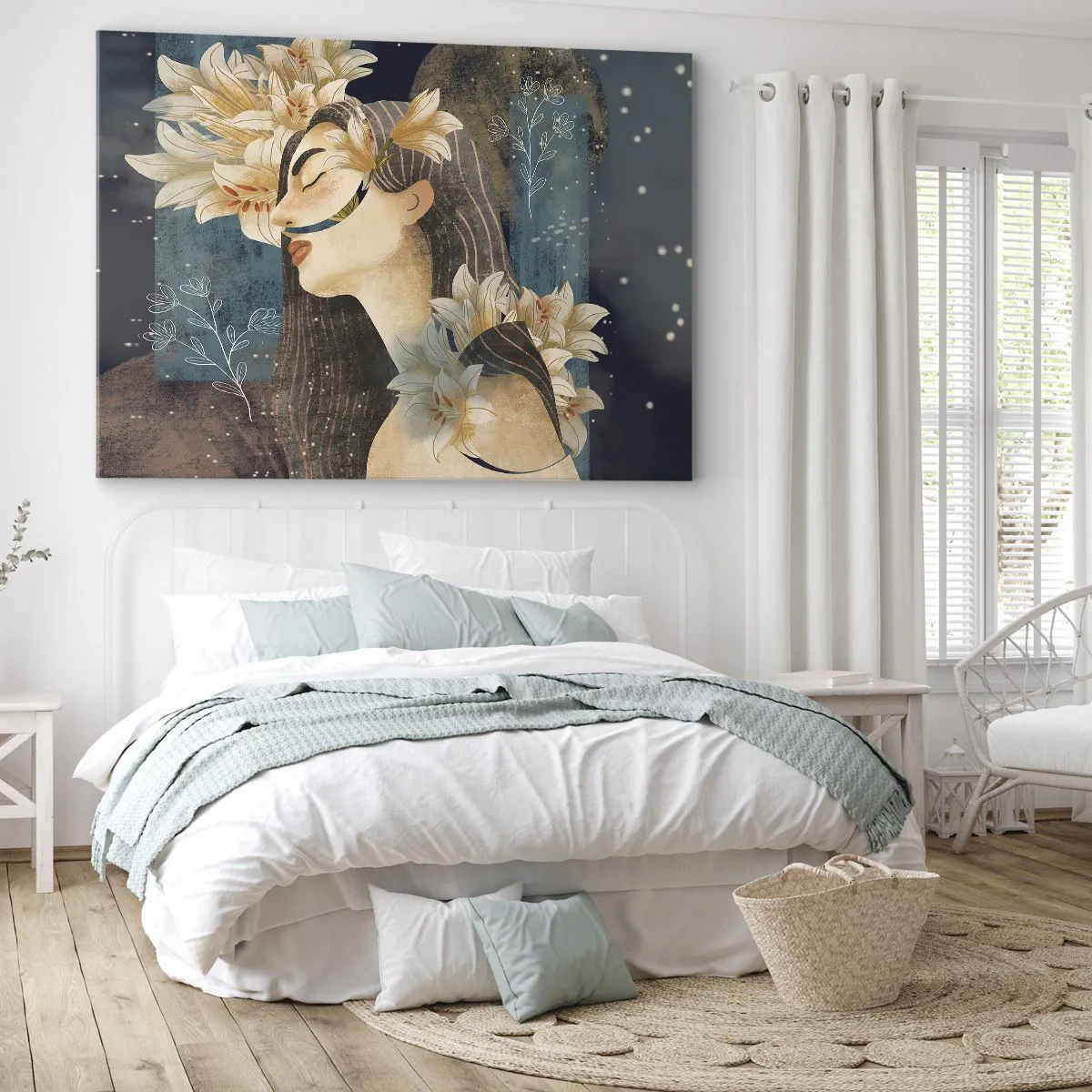Tablou pe pânză Canvas - Portret de femeie cu flori într-un stil artistic pe un fundal întunecat - 70x50cm - Povestea prințesei cu crini - Decorațiune modernă pentru perete pentru living și dormitor ARTTOR