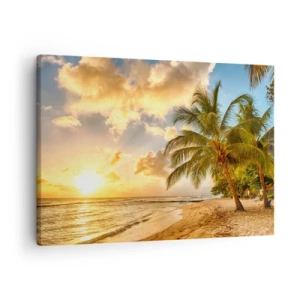 Tablou pe pânză Canvas - Plajă cu palmieri și apus de soare peste ocean - 70x50cm - Vară eternă, întotdeauna o vacanță - Decorațiune modernă pentru perete pentru living și dormitor ARTTOR