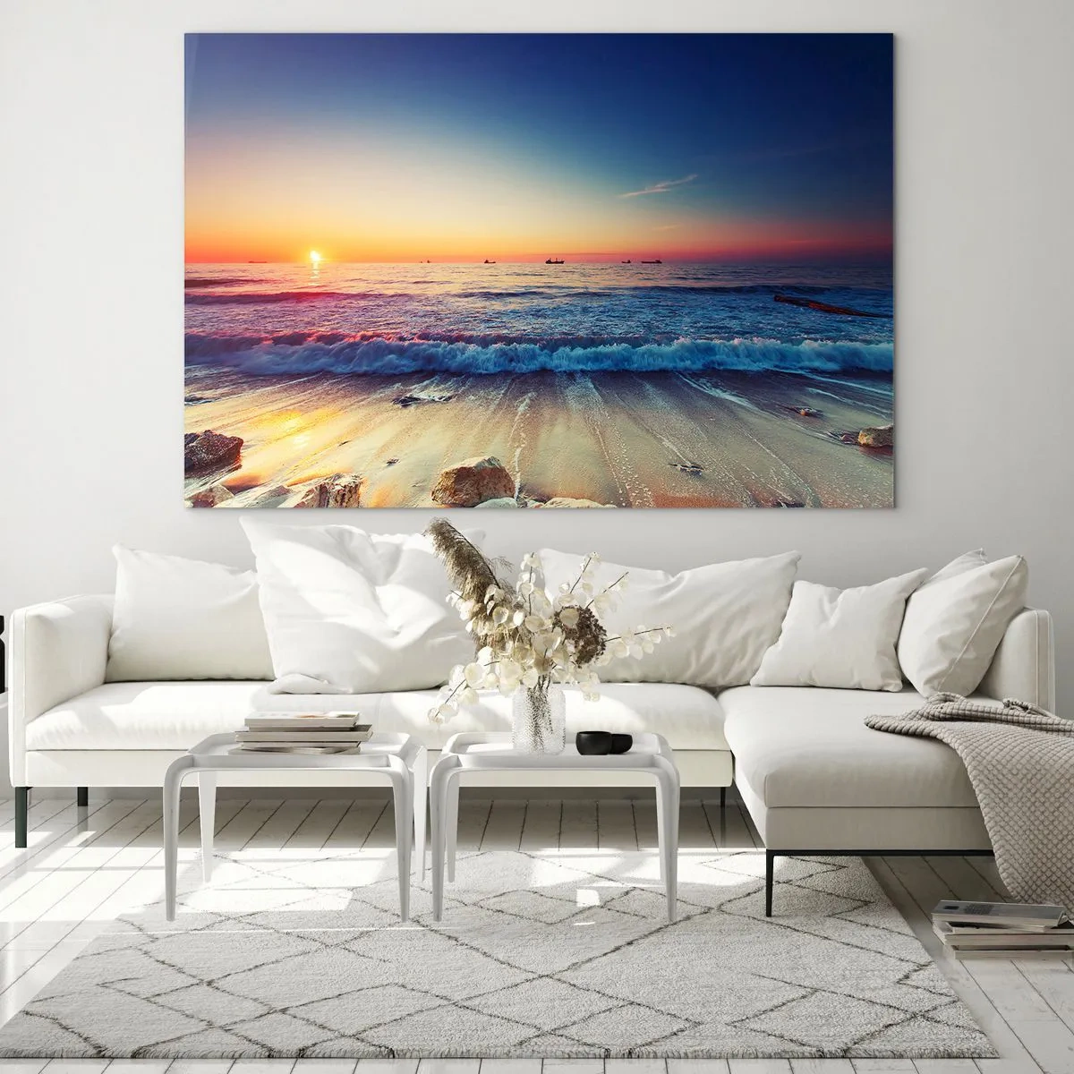 Tablou pe sticlă - Apus de soare peste plajă cu valuri line și o mare calmă - 70x50cm - Și ce este dincolo de orizont? - Decorațiune modernă pentru perete pentru living și dormitor ARTTOR