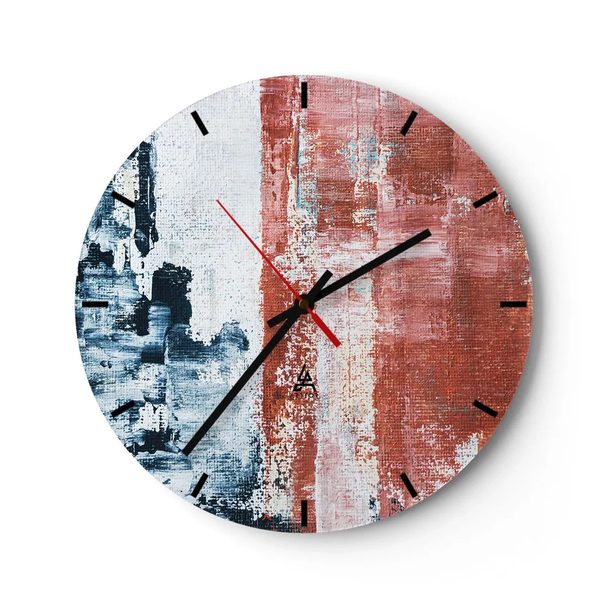 Ceas de perete - Ceas pe sticlă - Compoziție abstractă în nuanțe de albastru și roșu - 30x30cm - Jumi-juma abstract - Decorațiune modernă pentru perete pentru living, bucătărie și dormitor ARTTOR