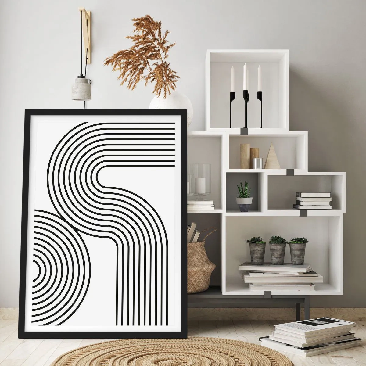 Poster în ramă neagră - Grafică modernă cu linii abstracte în alb și negru - 50x70cm - Pe o curbă - Decorațiune modernă pentru perete pentru living și dormitor ARTTOR